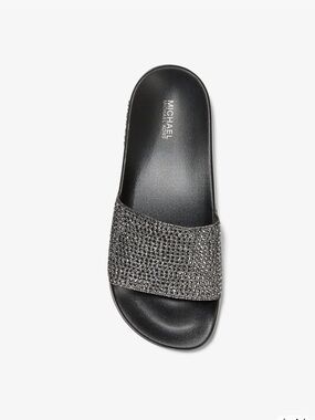 MICHAEL Michael Kors Black Slide Sandal with Gunmetal Crystal Strap